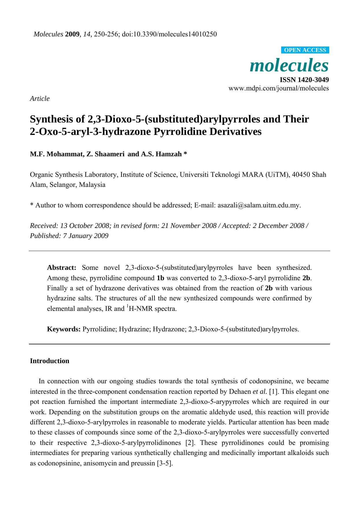 Synthesis of 2,3-Dioxo-5-(substituted)arylpyrroles and Their 2-Oxo-5-aryl-3-hydrazone Pyrrolidine Derivatives by M.F. Mohammat & Z. Shaameri & A.S. Hamzah