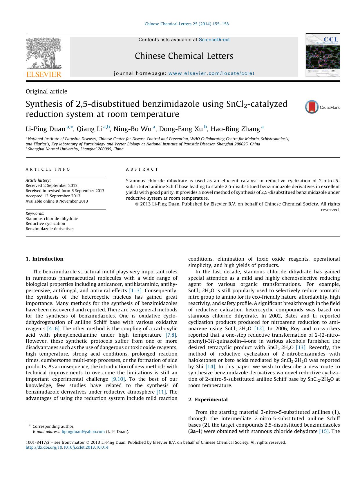 Synthesis of 2,5-disubstitued benzimidazole using SnCl2-catalyzed reduction system at room temperature by Li-Ping Duan