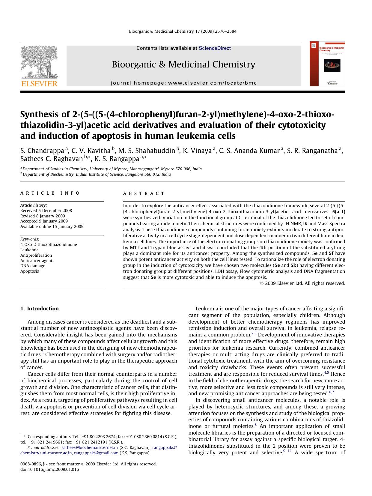 Synthesis of 2-(5-((5-(4-chlorophenyl)furan-2-yl)methylene)-4-oxo-2-thioxothiazolidin-3-yl)acetic acid derivatives and evaluation of their cytotoxicity and induction of apoptosis i by unknow