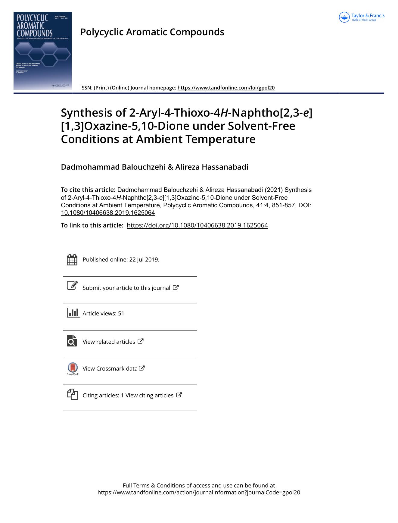 Synthesis of 2-Aryl-4-Thioxo-4H-Naphtho[2,3-e][1,3]Oxazine-5,10-Dione under Solvent-Free Conditions at Ambient Temperature by Balouchzehi Dadmohammad & Hassanabadi Alireza