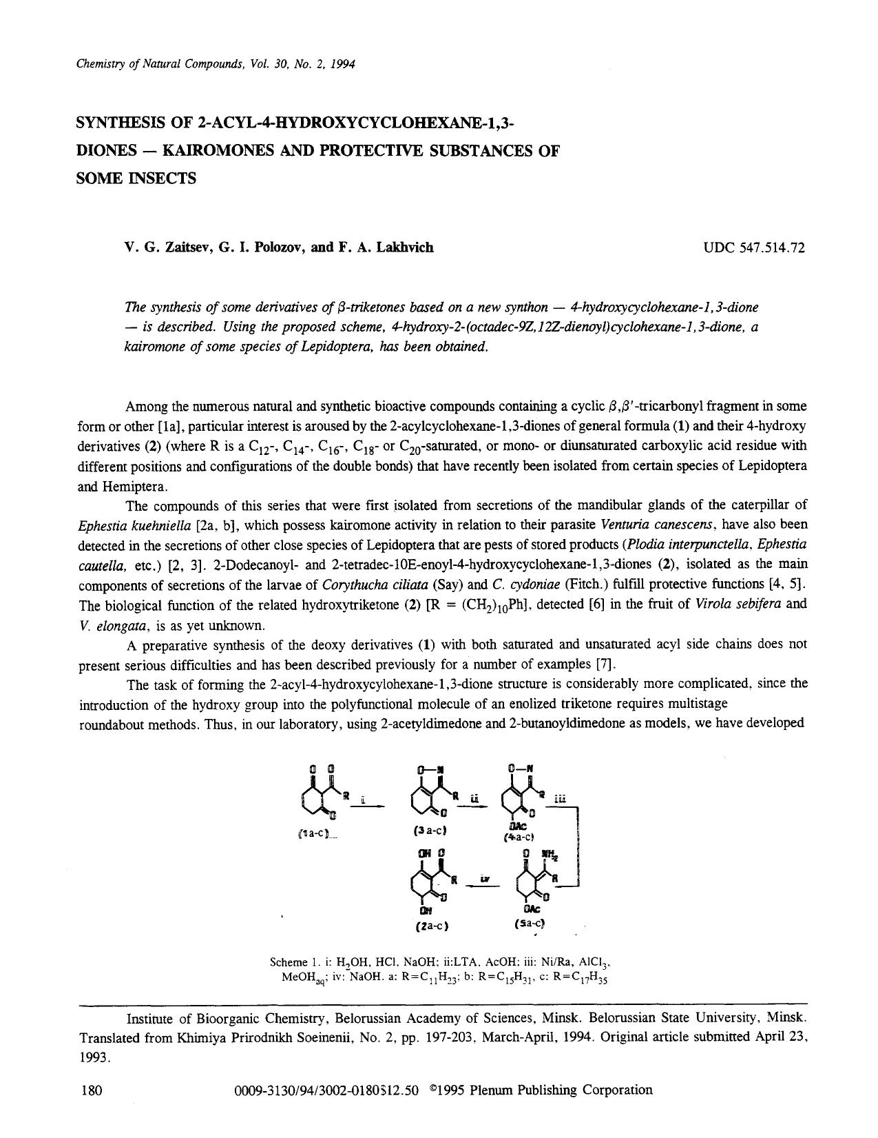 Synthesis of 2-acyl-4-hydroxycyclohexane-1,3-diones &#x2014; Kairomones and protective substances of some insects by Unknown