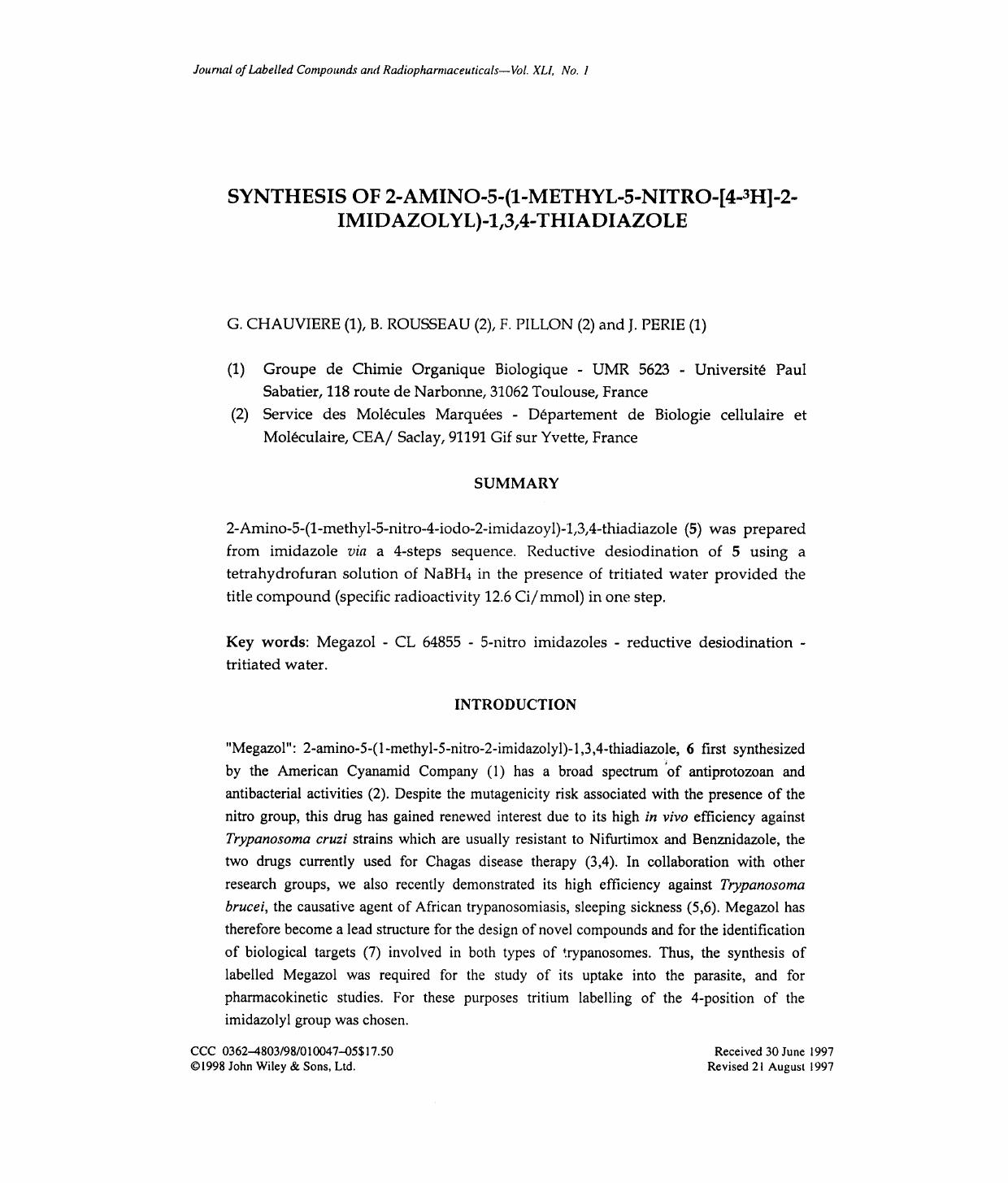 Synthesis of 2-amino-5-(1-methyl-5-nitro-[4-3H]-2-imidazolyl)-1,3,4-thiadiazole by Unknown