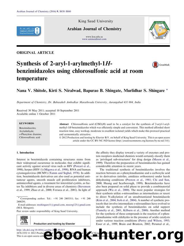 Synthesis of 2-aryl-1-arylmethyl-1H-benzimidazoles using chlorosulfonic acid at room temperature by Nana V. Shitole & Kirti S. Niralwad & Bapurao B. Shingate & Murlidhar S. Shingare