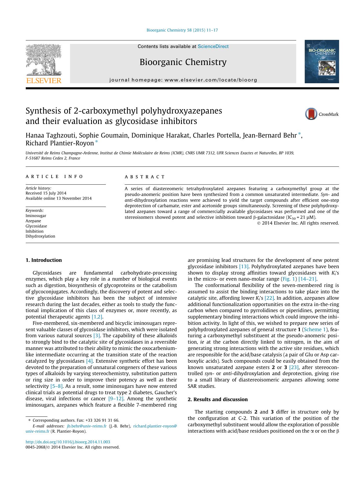 Synthesis of 2-carboxymethyl polyhydroxyazepanes and their evaluation as glycosidase inhibitors by unknow