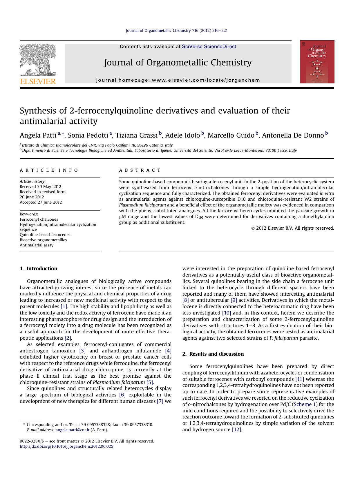 Synthesis of 2-ferrocenylquinoline derivatives and evaluation of their antimalarial activity by unknow