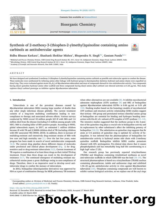Synthesis of 2-methoxy-3-(thiophen-2-ylmethyl)quinoline containing amino carbinols as antitubercular agents by Bidhu Bhusan Karkara & Shashank Shekhar Mishra & Bhupendra N. Singh & Gautam Panda