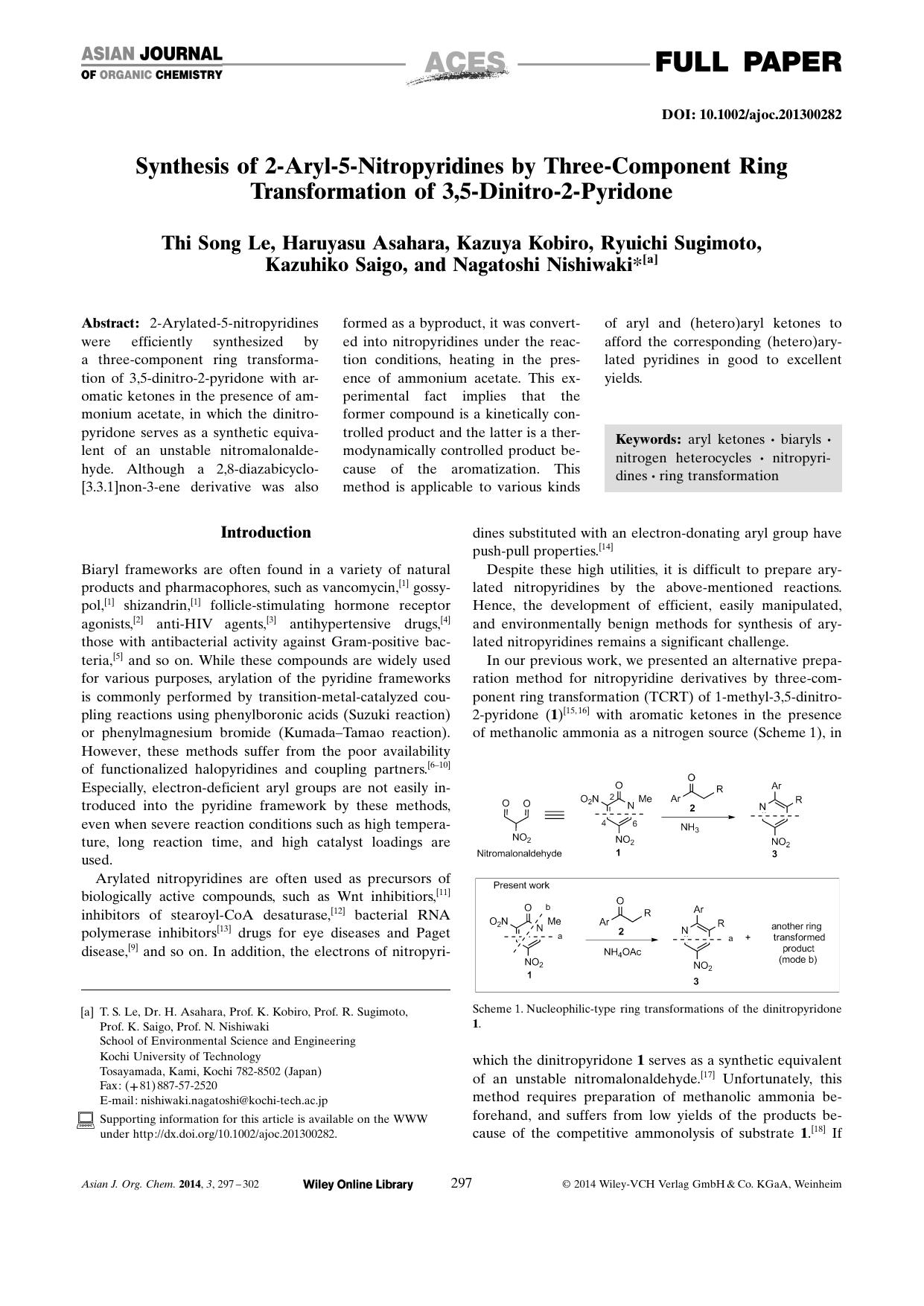 Synthesis of 2Aryl5Nitropyridines by ThreeComponent Ring Transformation of 3,5Dinitro2Pyridone by Unknown