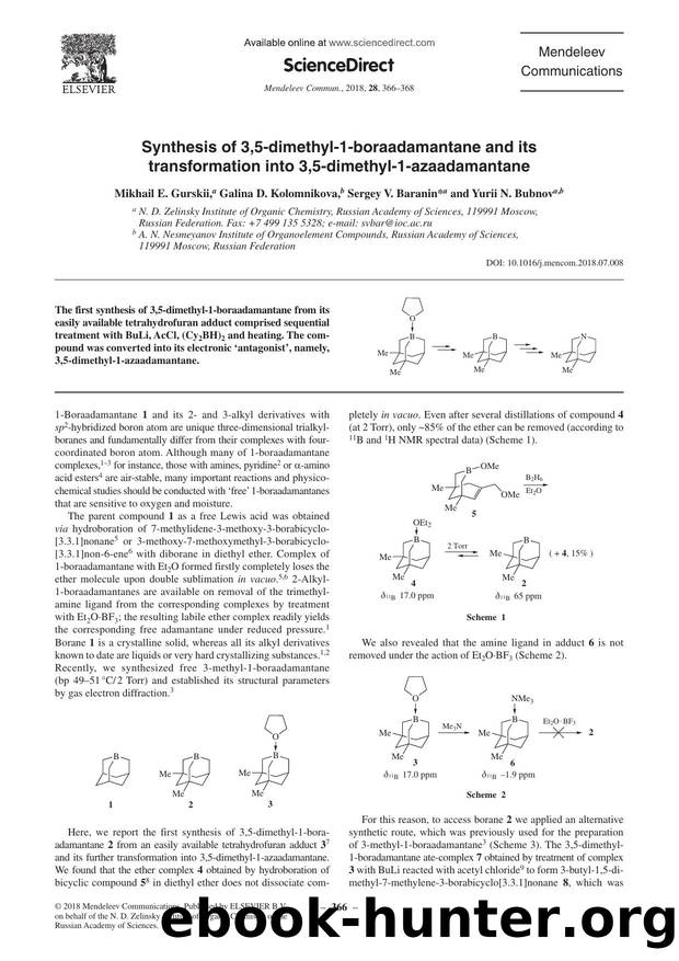 Synthesis of 3,5-dimethyl-1-boraadamantane and its transformation into 3,5-dimethyl-1-azaadamantane by Mikhail E. Gurskii & Galina D. Kolomnikova & Sergey V. Baranin & Yurii N. Bubnov