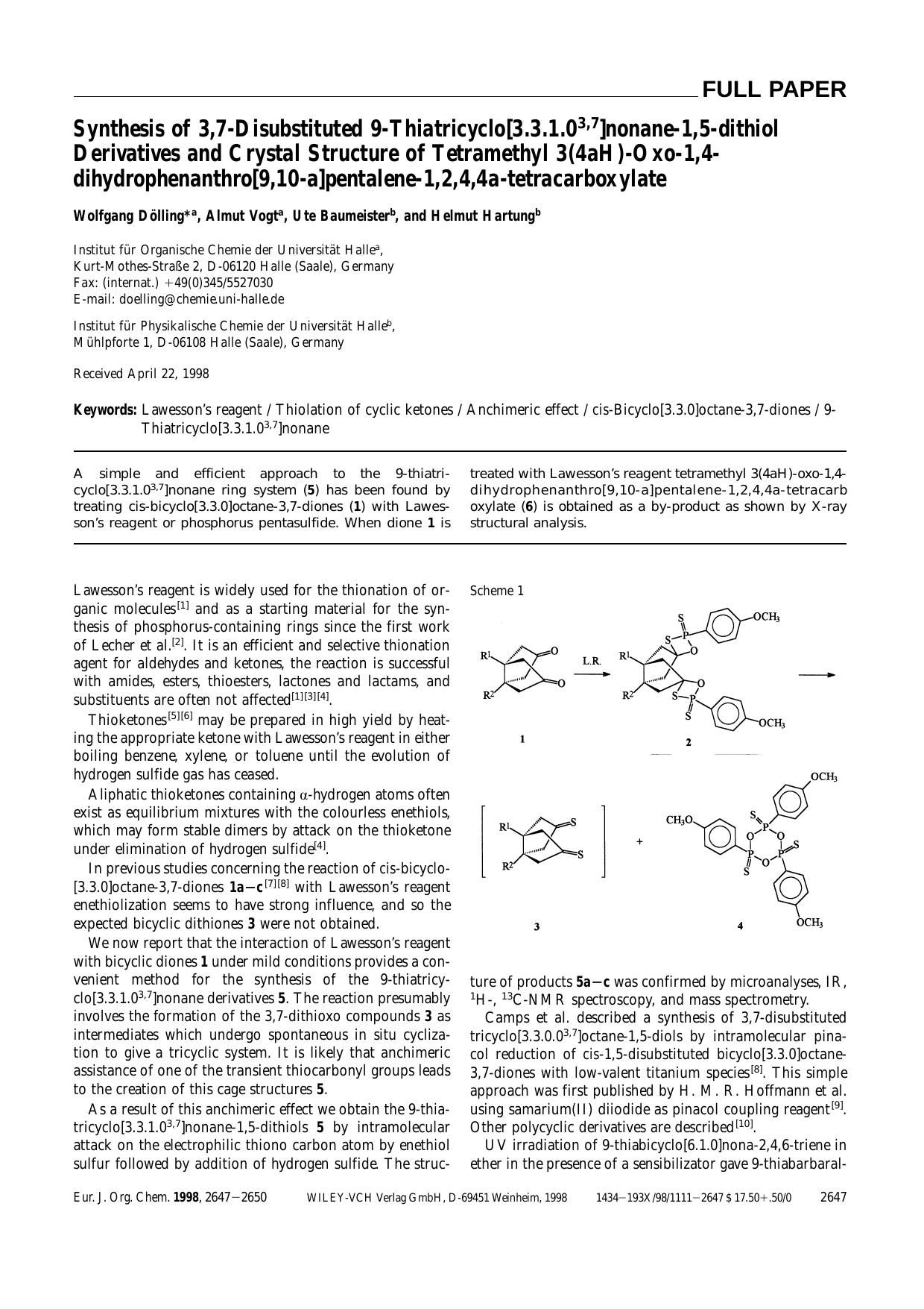 Synthesis of 3,7-Disubstituted 9-Thiatricyclo[3.3.1.03,7]nonane-1,5-dithiol Derivatives and Crystal Structure of Tetramethyl 3(4aH)-Oxo-1,4-dihydrophenanthro[9,10-a]pentalene-1,2,4,4a-tetracarboxylate by Unknown