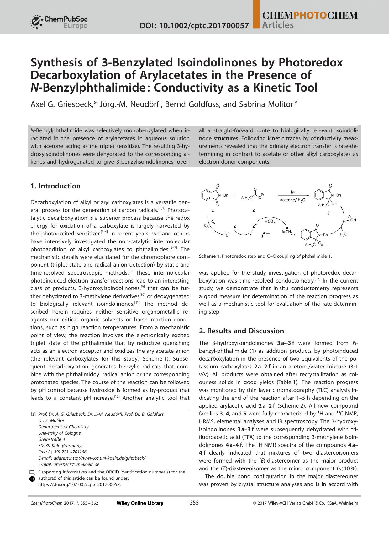 Synthesis of 3âBenzylated Isoindolinones by Photoredox Decarboxylation of Arylacetates in the Presence of NâBenzylphthalimide: Conductivity as a Kinetic Tool by Unknown