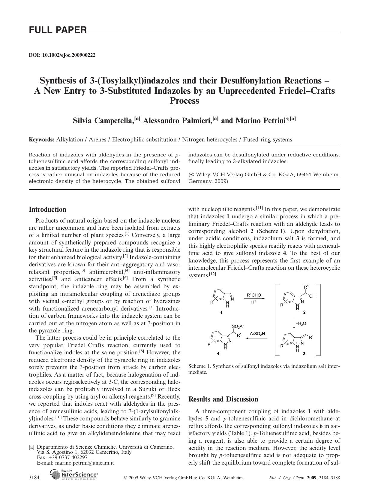 Synthesis of 3-(Tosylalkyl)indazoles and their Desulfonylation Reactions - A New Entry to 3-Substituted Indazoles by an Unprecedented Friedel-Crafts Process by Unknown