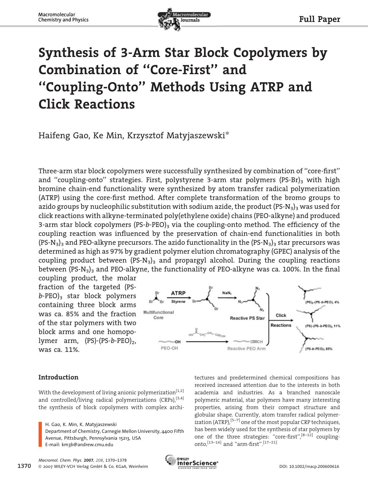 Synthesis of 3-Arm Star Block Copolymers by Combination of "Core-First" and "Coupling-Onto" Methods Using ATRP and Click Reactions by Unknown