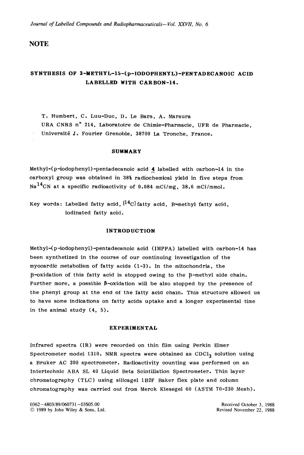 Synthesis of 3-methyl-15-(p-iodophenyl)-pentadecanoic acid labelled with carbon-14 by Unknown