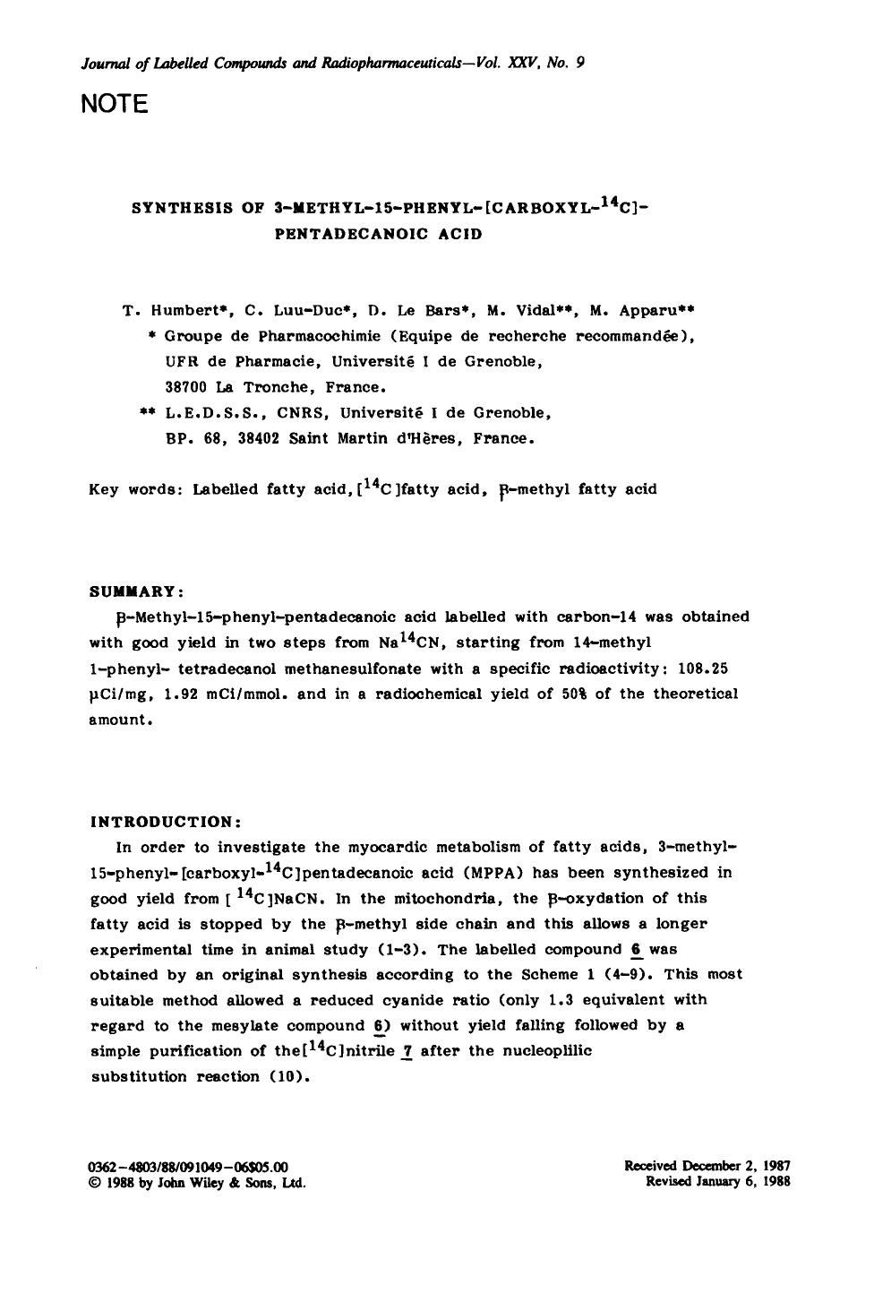 Synthesis of 3-methyl-15-phenyl-[carboxyl-14C]-pentadecanoic acid by Unknown