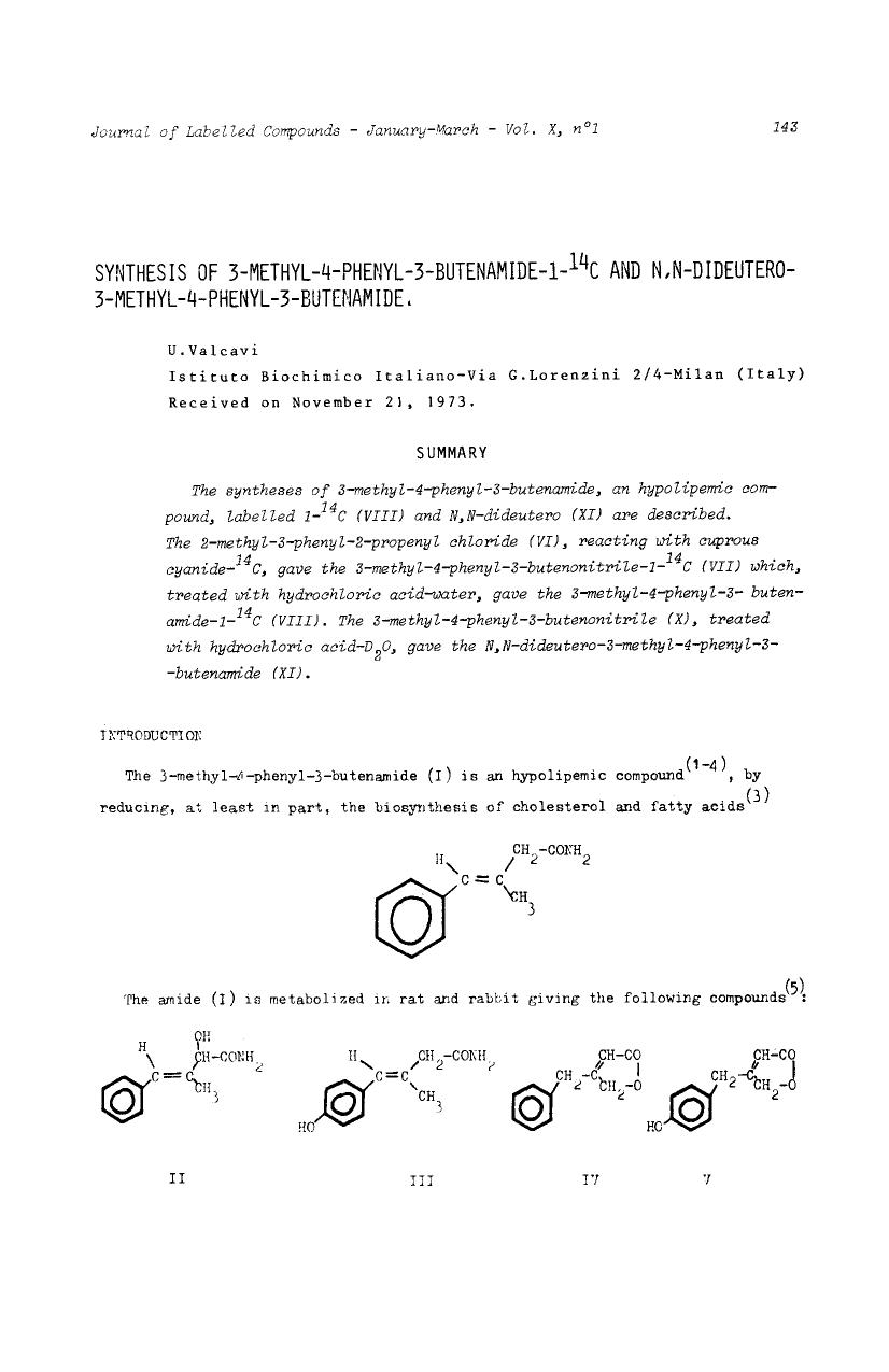 Synthesis of 3-methyl-4-phenyl-3-butenamide-1-14C and N,N-dideutero-3-methyl-4-phenyl-3-butenamide by Unknown