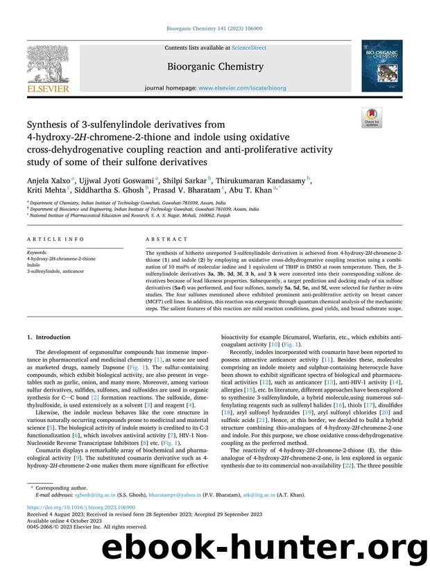 Synthesis of 3-sulfenylindole derivatives from 4-hydroxy-2 H -chromene-2-thione and indole using oxidative cross-dehydrogenative coupling reaction and anti-proliferative activity s by Anjela Xalxo