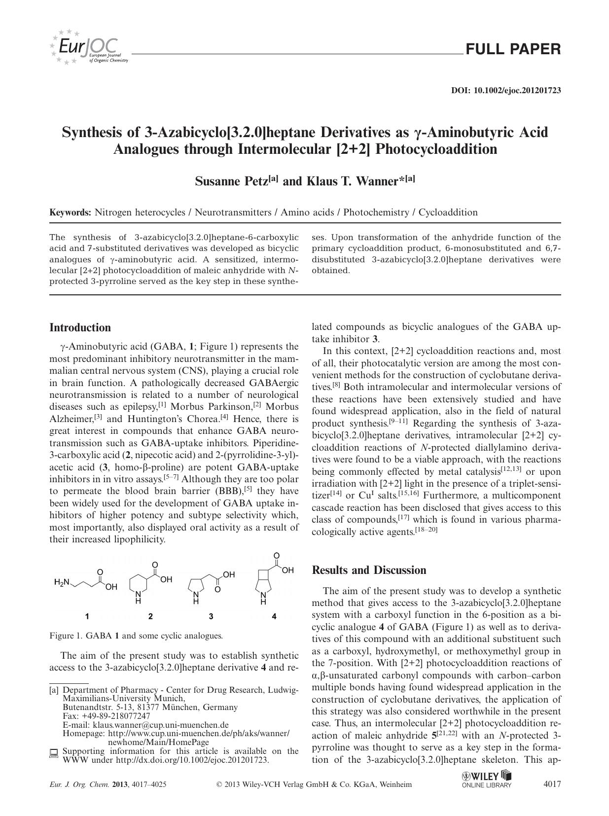 Synthesis of 3Azabicyclo[3.2.0]heptane Derivatives as Aminobutyric Acid Analogues through Intermolecular [2+2] Photocycloaddition by Unknown