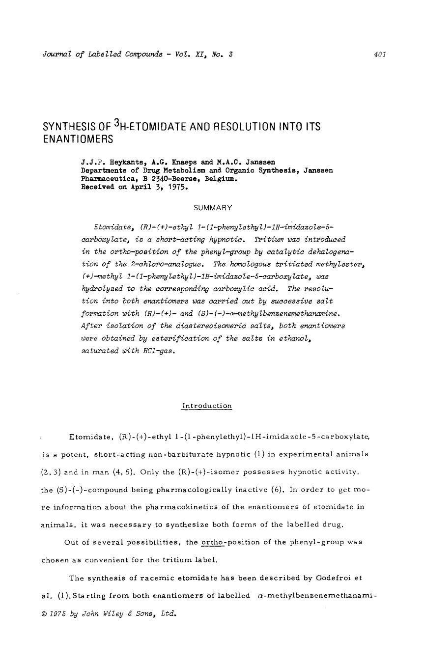 Synthesis of 3H-etomidate ano resolution into its enantiomers by Unknown