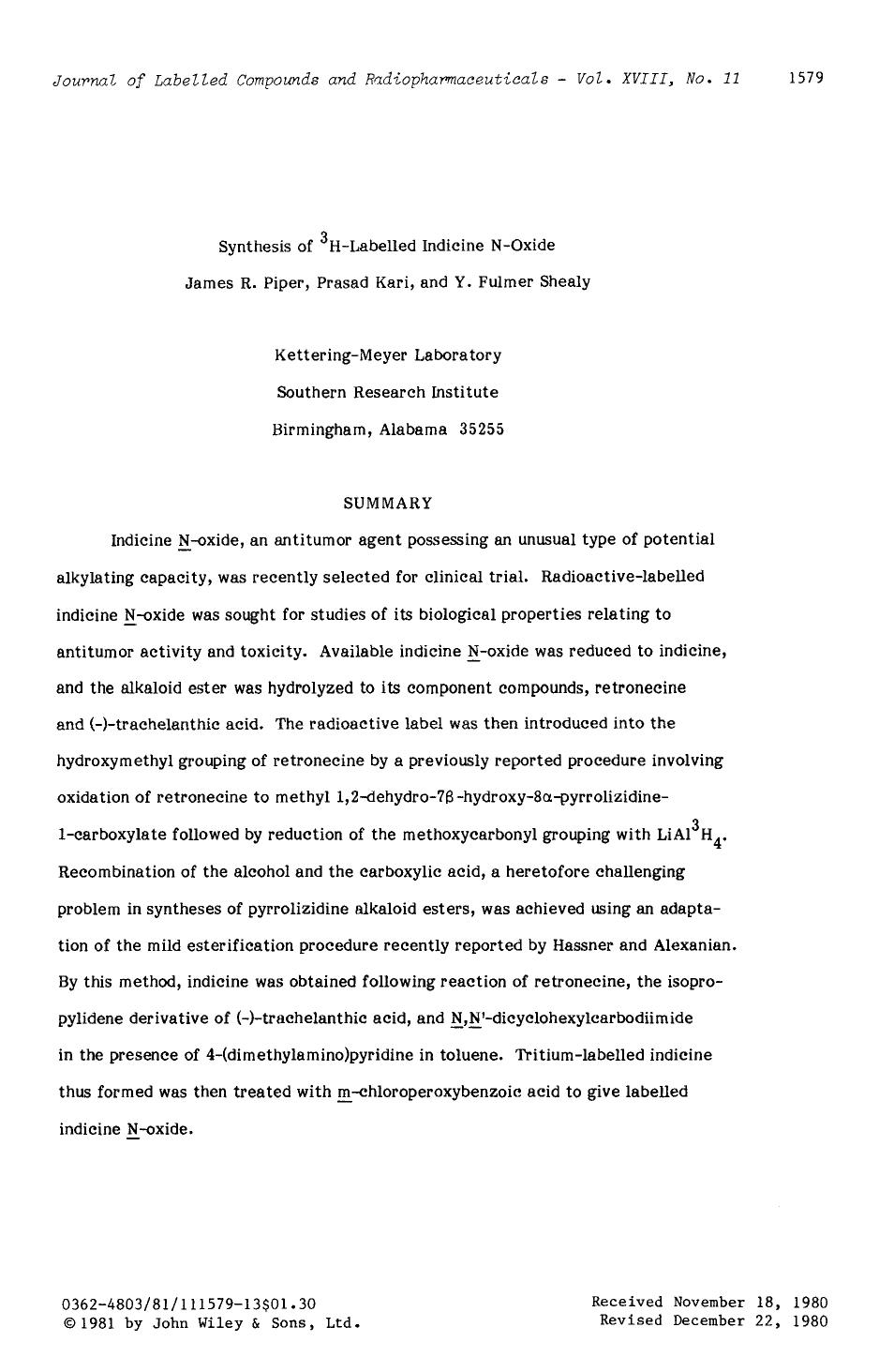 Synthesis of 3H-labelled indicine N-oxide by Unknown