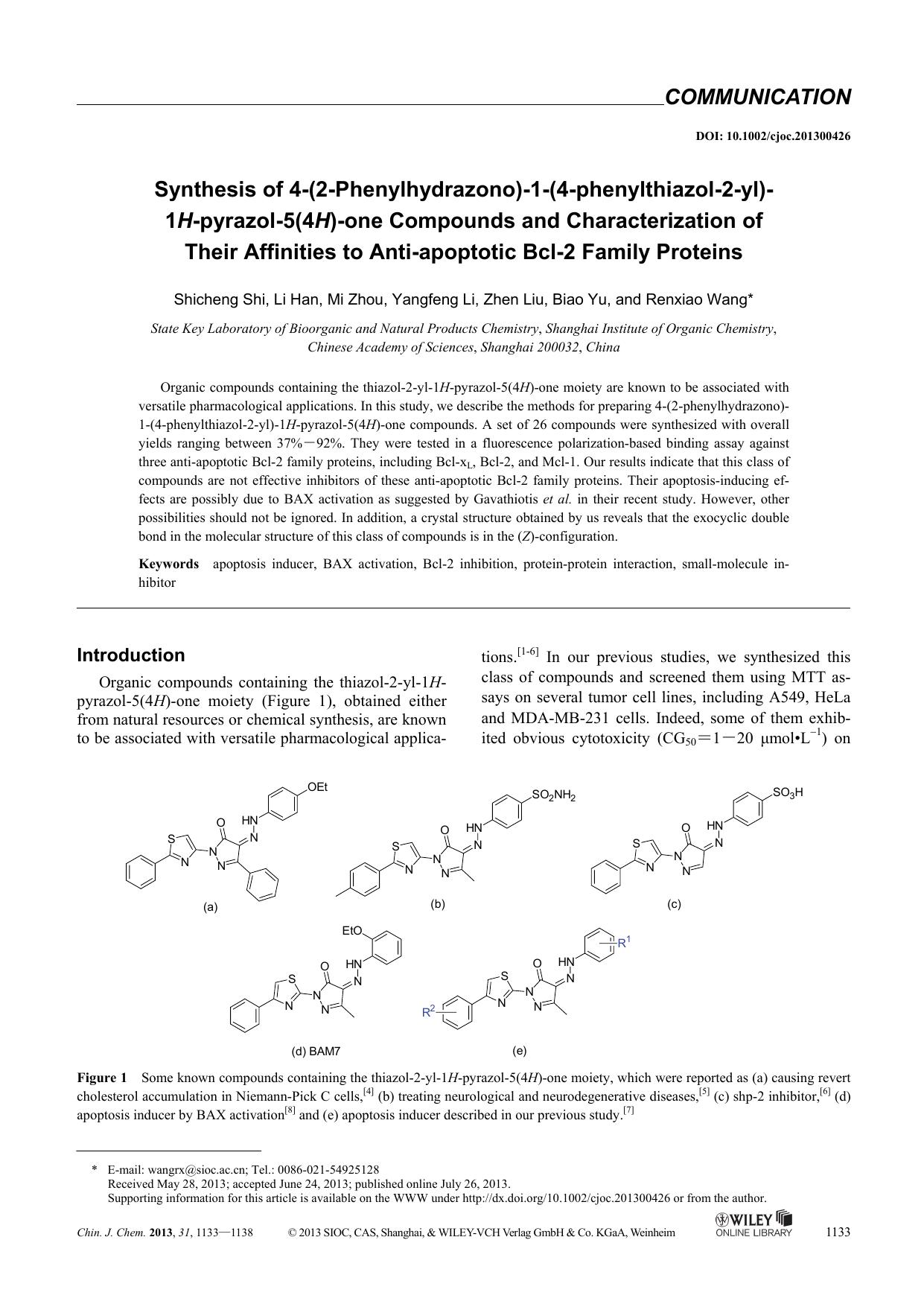 Synthesis of 4(2Phenylhydrazono)1(4phenylthiazol2yl)1Hpyrazol5(4H)one Compounds and Characterization of Their Affinities to Antiapoptotic Bcl2 Family Proteins by Administrator