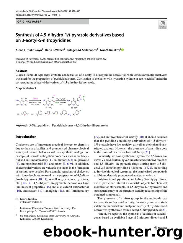 Synthesis of 4,5-dihydro-1H-pyrazole derivatives based on 3-acetyl-5-nitropyridines by Alena L. Stalinskaya & Daria F. Weber & Tulegen M. Seilkhanov & Ivan V. Kulakov