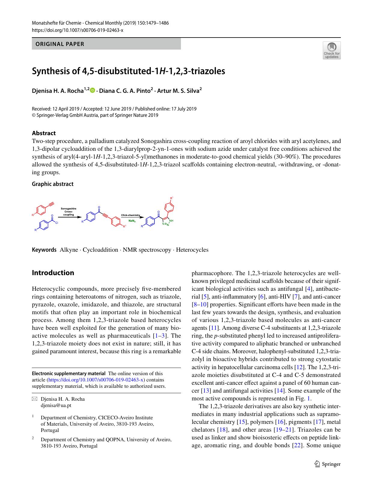Synthesis of 4,5-disubstituted-1H-1,2,3-triazoles by Djenisa H. A. Rocha & Diana C. G. A. Pinto & Artur M. S. Silva