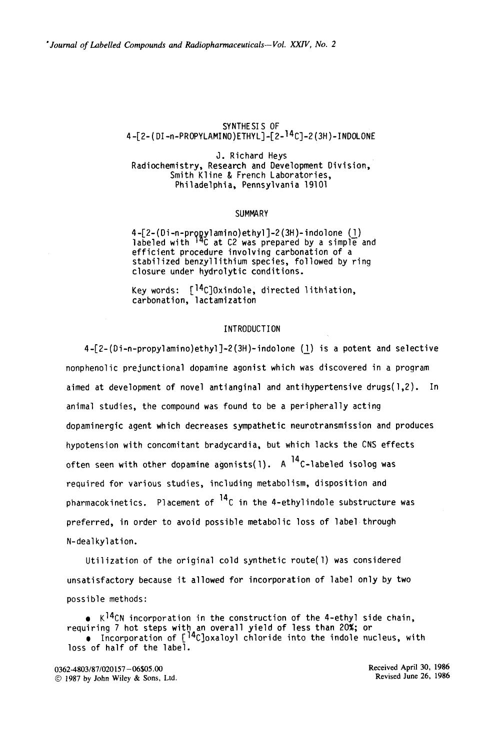 Synthesis of 4-[2-(DI-n-propylamino)ethyl]-[2-14C]-2(3H)-indolone by Unknown