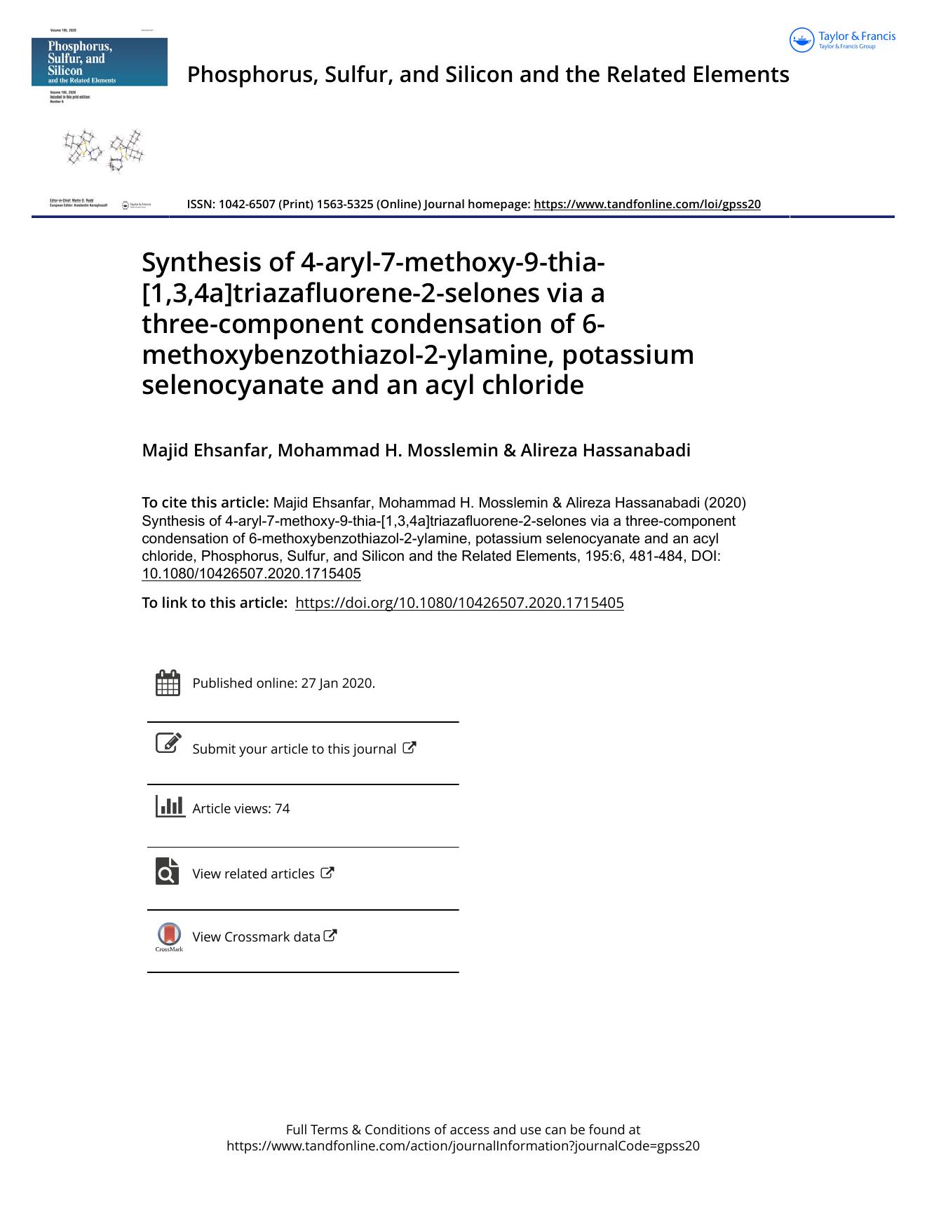 Synthesis of 4-aryl-7-methoxy-9-thia-[1,3,4a]triazafluorene-2-selones via a three-component condensation of 6-methoxybenzothiazol-2-ylamine, potassium selenocyanate and an acyl chloride by Ehsanfar Majid & Mosslemin Mohammad H. & Hassanabadi Alireza