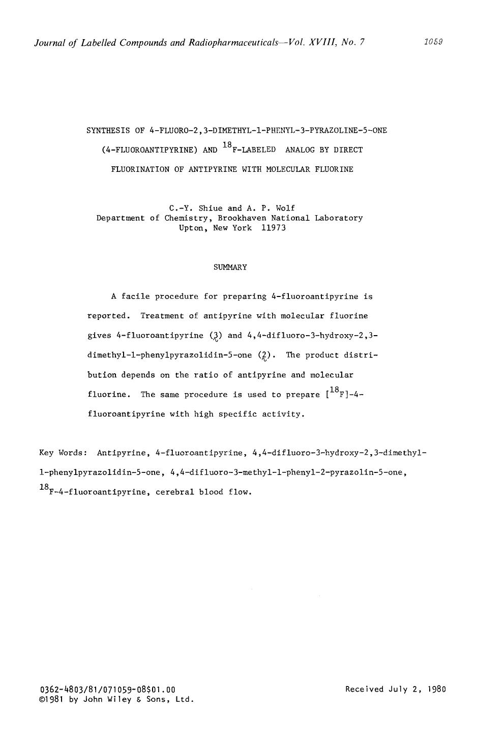 Synthesis of 4-fluoro-2, 3-dimethyl-1-phenyl-3-pyrazoline-5-one (4-fluoroantipyrine) and 18f-labeled analog by direct fluorination of antipyrine with molecular fluorine by Unknown