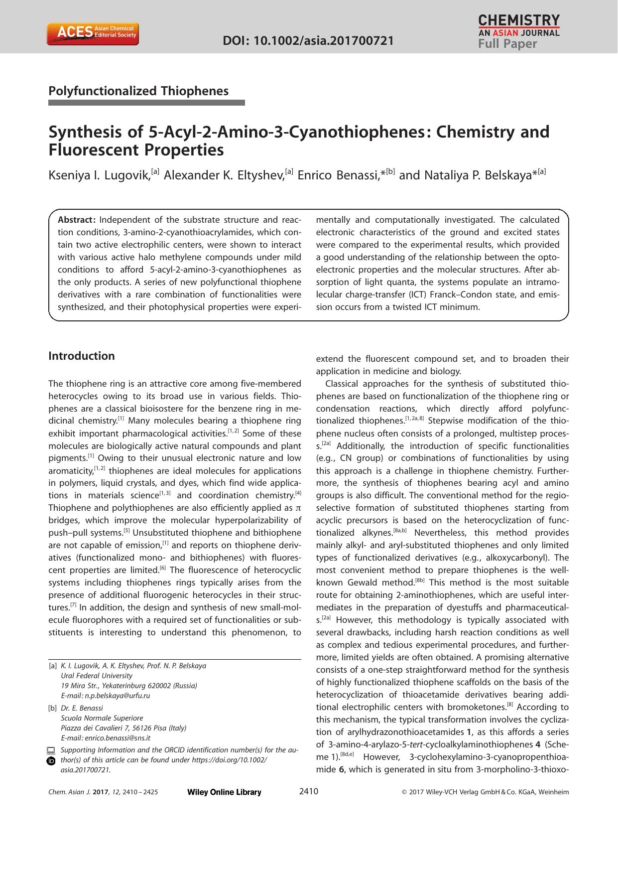 Synthesis of 5âAcylâ2âAminoâ3âCyanothiophenes: Chemistry and Fluorescent Properties by Unknown