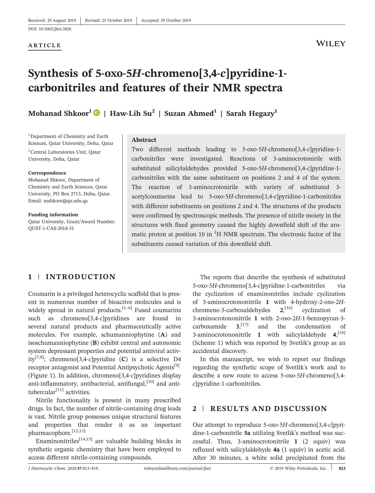 Synthesis of 5âoxoâ5Hâchromeno[3,4âc]pyridineâ1âcarbonitriles and features of their NMR spectra by Mohanad Shkoor Haw‐Lih Su Suzan Ahmed Sarah Hegazy