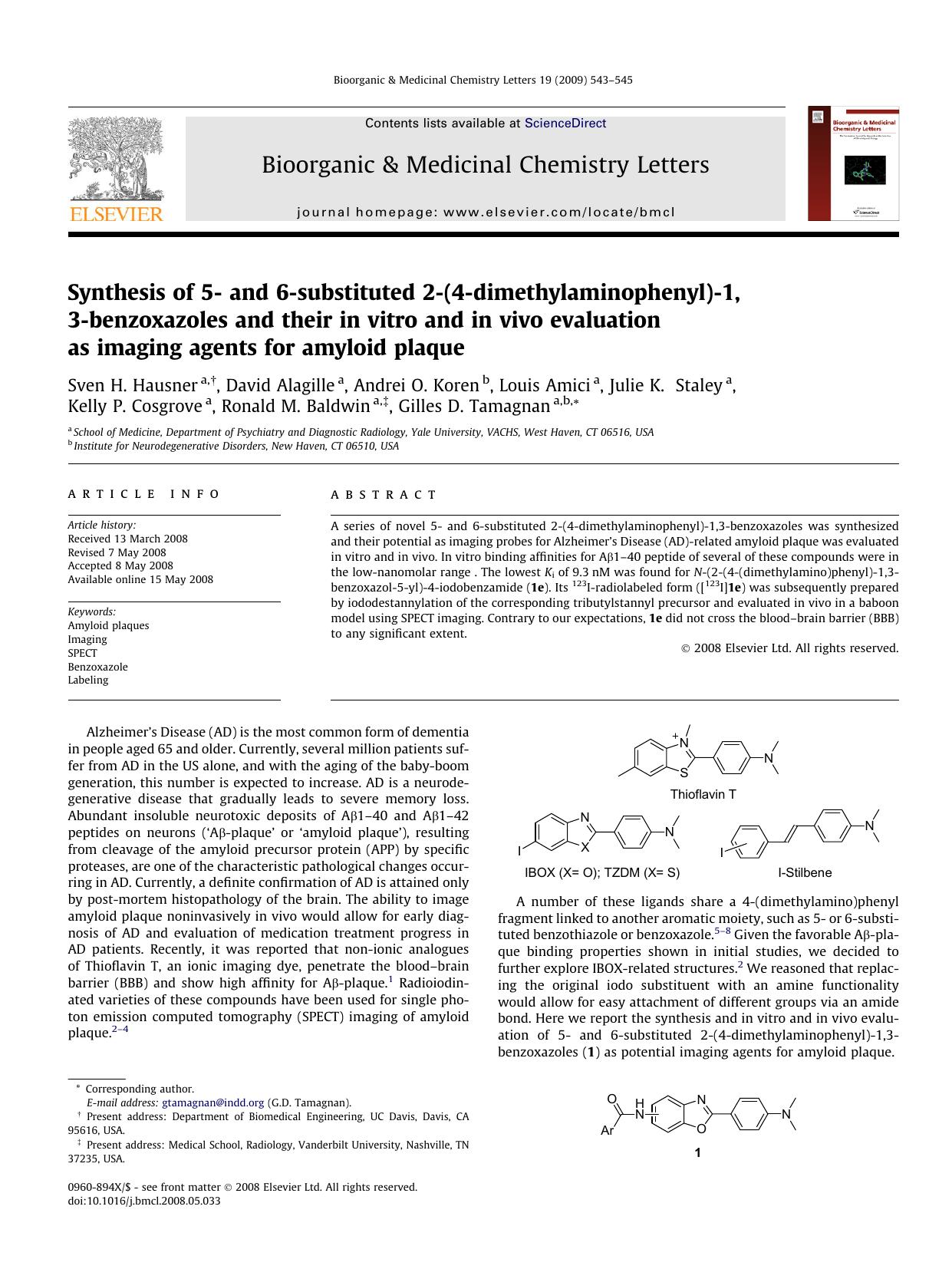 Synthesis of 5- and 6-substituted 2-(4-dimethylaminophenyl)-1,3-benzoxazoles and their in vitro and in vivo evaluation as imaging agents for amyloid plaque by unknow