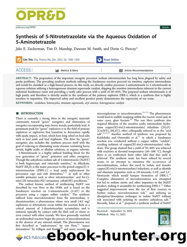 Synthesis of 5-Nitrotetrazolate via the Aqueous Oxidation of 5-Aminotetrazole by Jake E. Zuckerman Tim D. Manship Dawson M. Smith and Davin G. Piercey