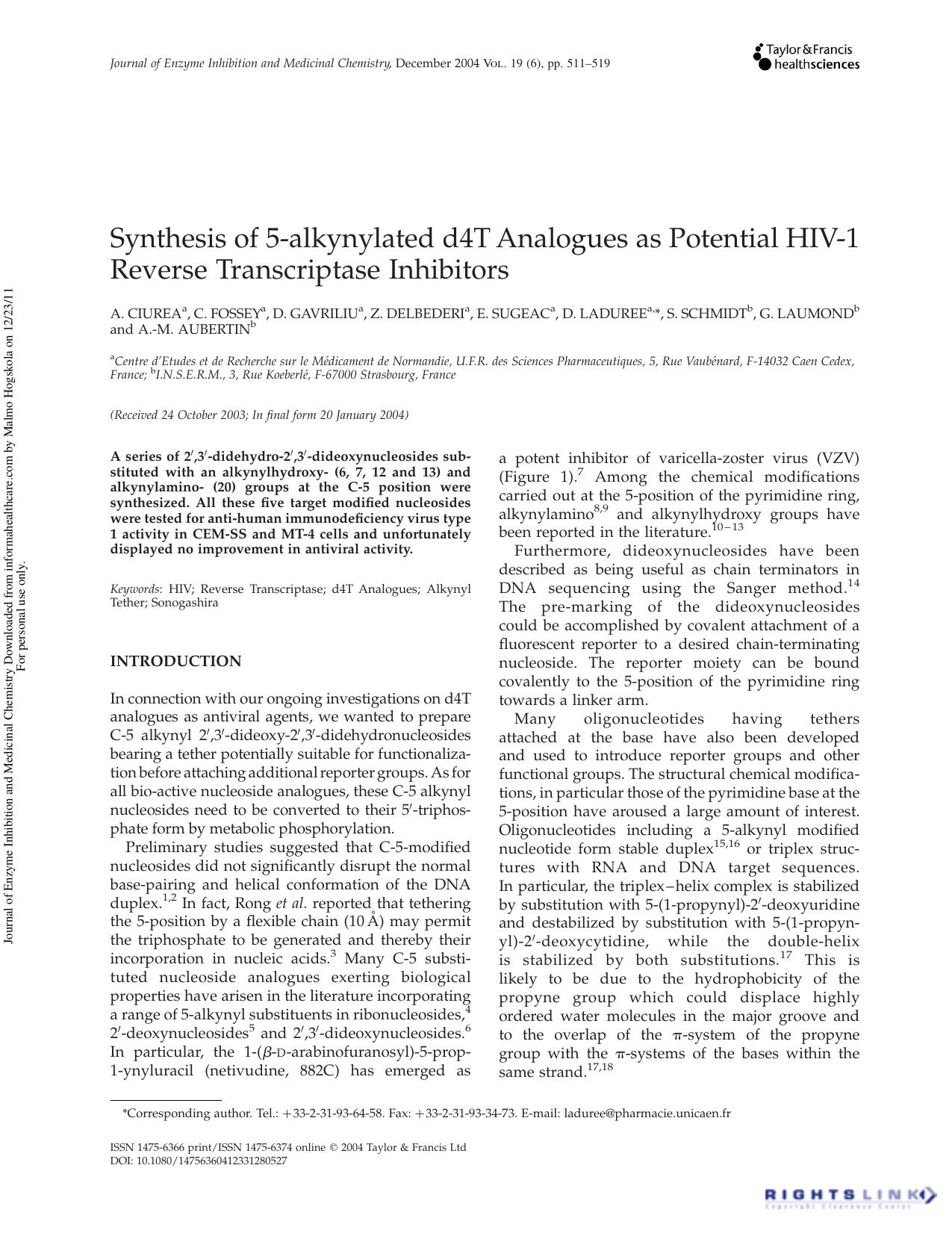 Synthesis of 5-alkynylated d4T Analogues as Potential HIV-1 Reverse Transcriptase Inhibitors by unknow
