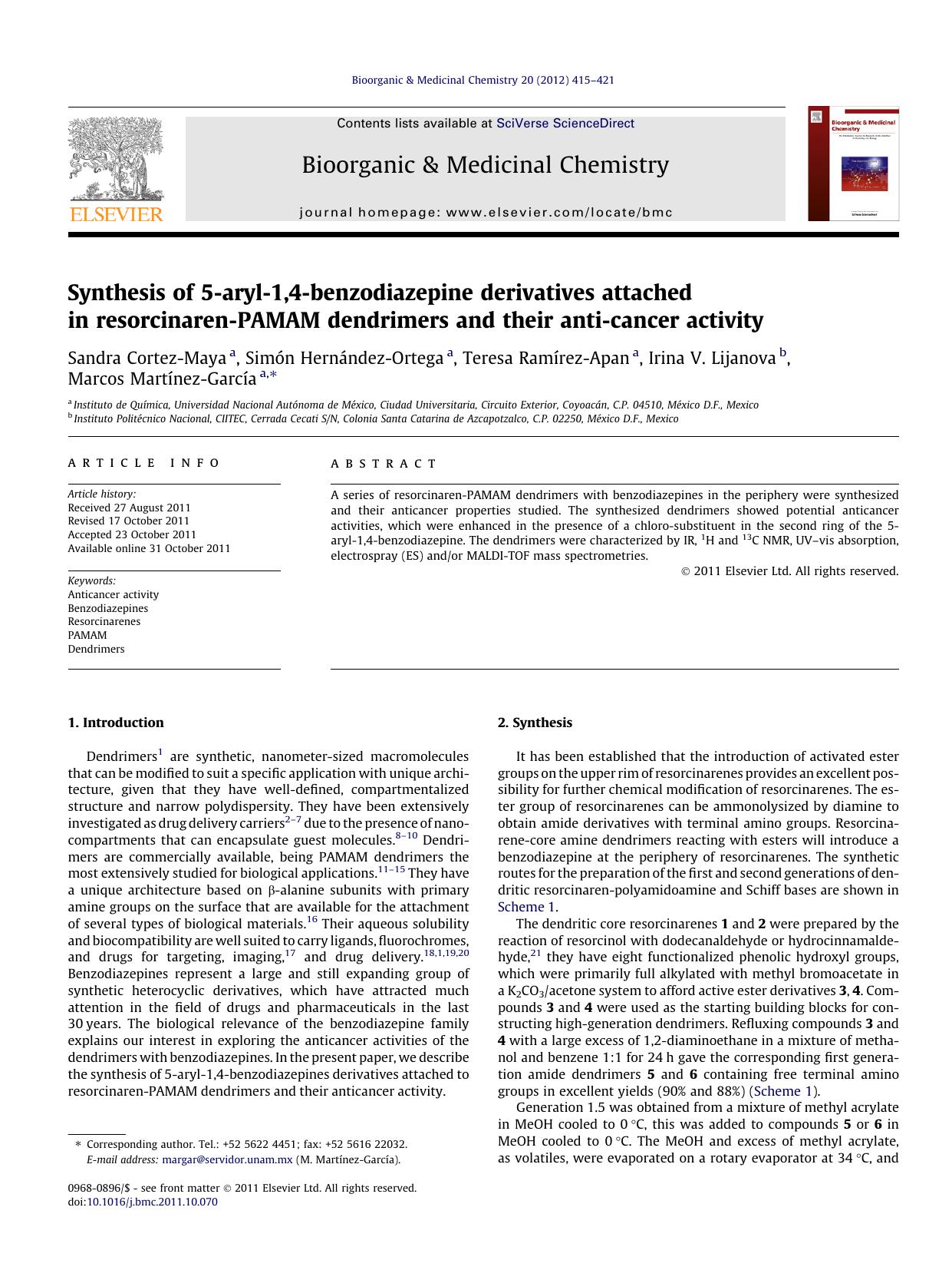 Synthesis of 5-aryl-1,4-benzodiazepine derivatives attached in resorcinaren-PAMAM dendrimers and their anti-cancer activity by unknow