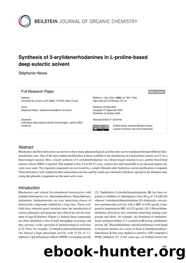 Synthesis of 5-arylidenerhodanines in L-proline-based deep eutectic solvent by Stéphanie Hesse