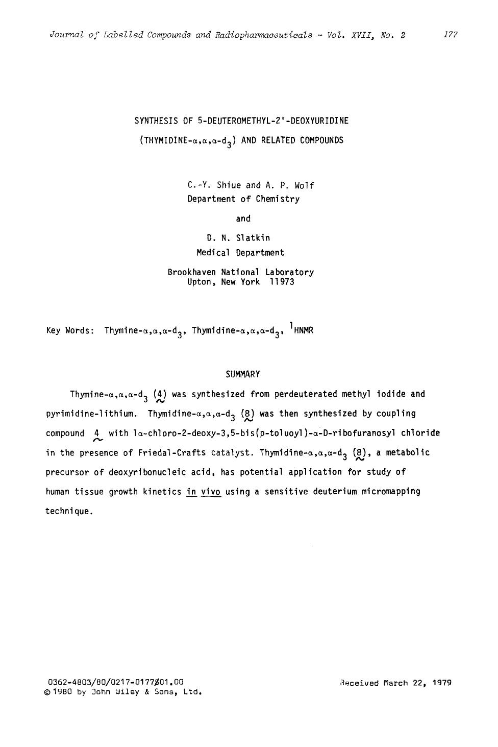 Synthesis of 5-deuteromethyl-2[prime]-deoxyuridine (thymidine-[alpha],[alpha],[alpha]-d3) and related compounds by Unknown