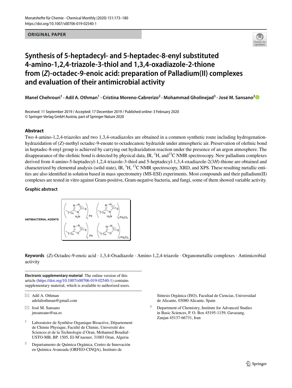 Synthesis of 5-heptadecyl- and 5-heptadec-8-enyl substituted 4-amino-1,2,4-triazole-3-thiol and 1,3,4-oxadiazole-2-thione from (Z)-octadec-9-enoic acid: preparation of Palladium(II by unknow