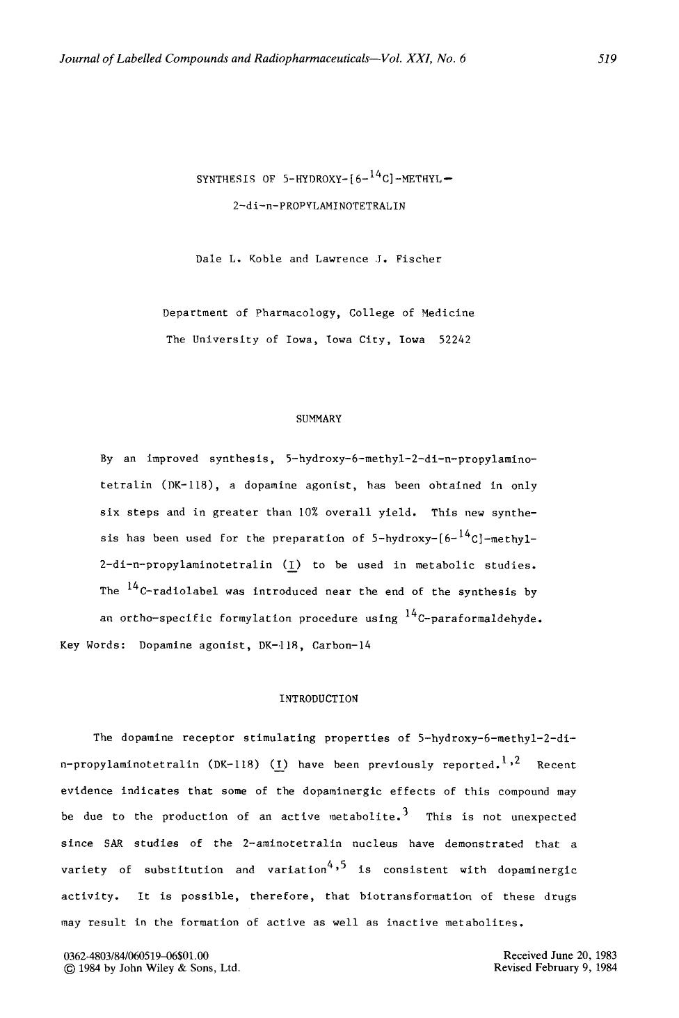 Synthesis of 5-hydroxy-[6-14C]-methyl-2-di-n-propylaminotetralin by Unknown