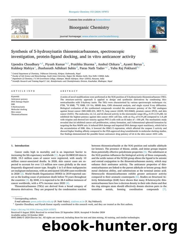 Synthesis of 5-hydroxyisatin thiosemicarbazones, spectroscopic investigation, protein-ligand docking, and in vitro anticancer activity by unknow
