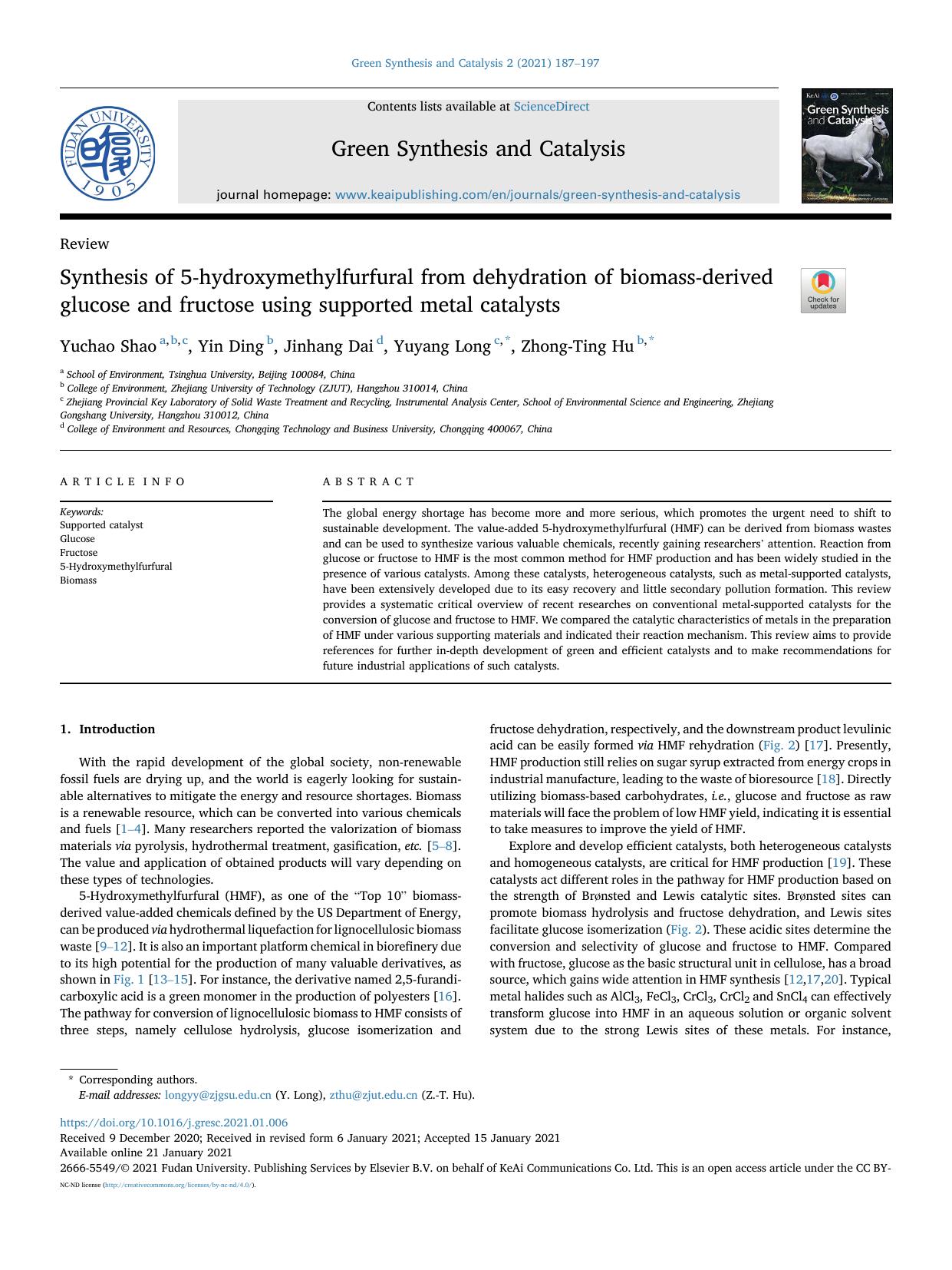 Synthesis of 5-hydroxymethylfurfural from dehydration of biomass-derived glucose and fructose using supported metal catalysts by Yuchao Shao & Yin Ding & Jinhang Dai & Yuyang Long & Zhong-Ting Hu