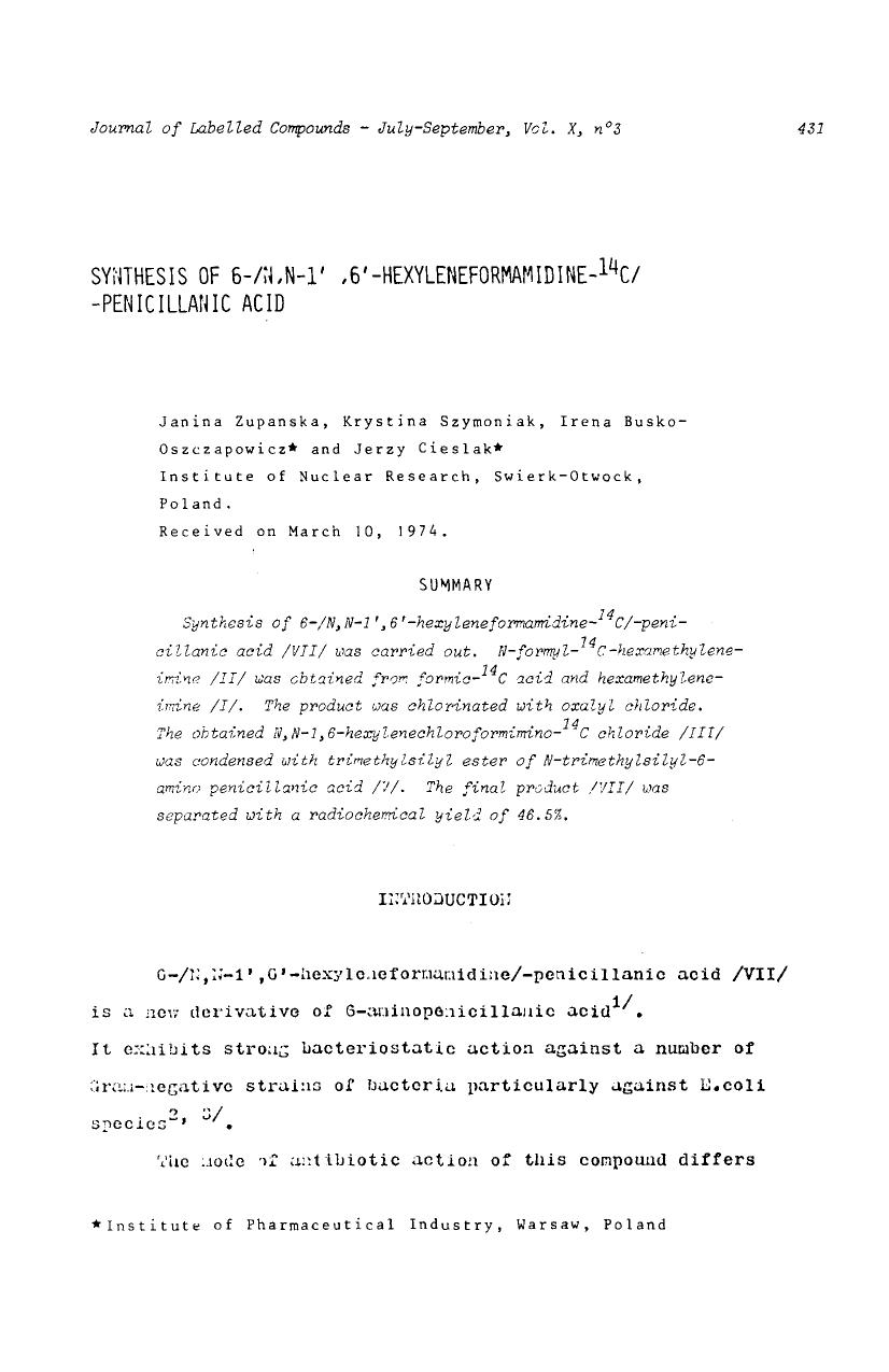 Synthesis of 6-N,N-1[prime],6[prime]-hexyleneformamidine-14C-penicillanic acid by Unknown