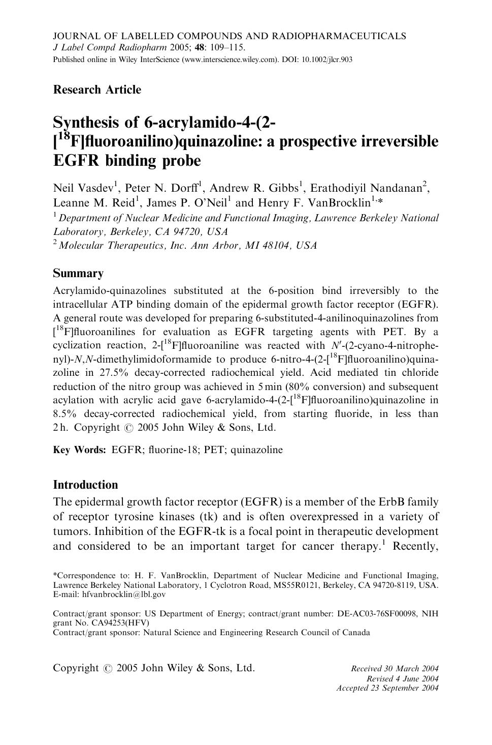Synthesis of 6-acrylamido-4-(2-[18F]fluoroanilino)quinazoline: a prospective irreversible EGFR binding probe by Unknown