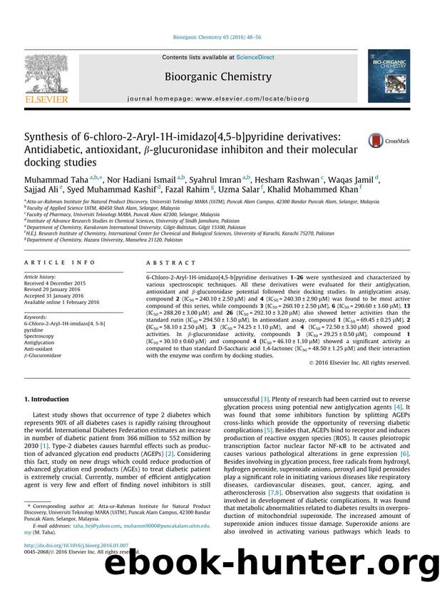 Synthesis of 6-chloro-2-Aryl-1H-imidazo[4,5-b]pyridine derivatives: Antidiabetic, antioxidant, ÃÂ²-glucuronidase inhibiton and their molecular docking studies by unknow