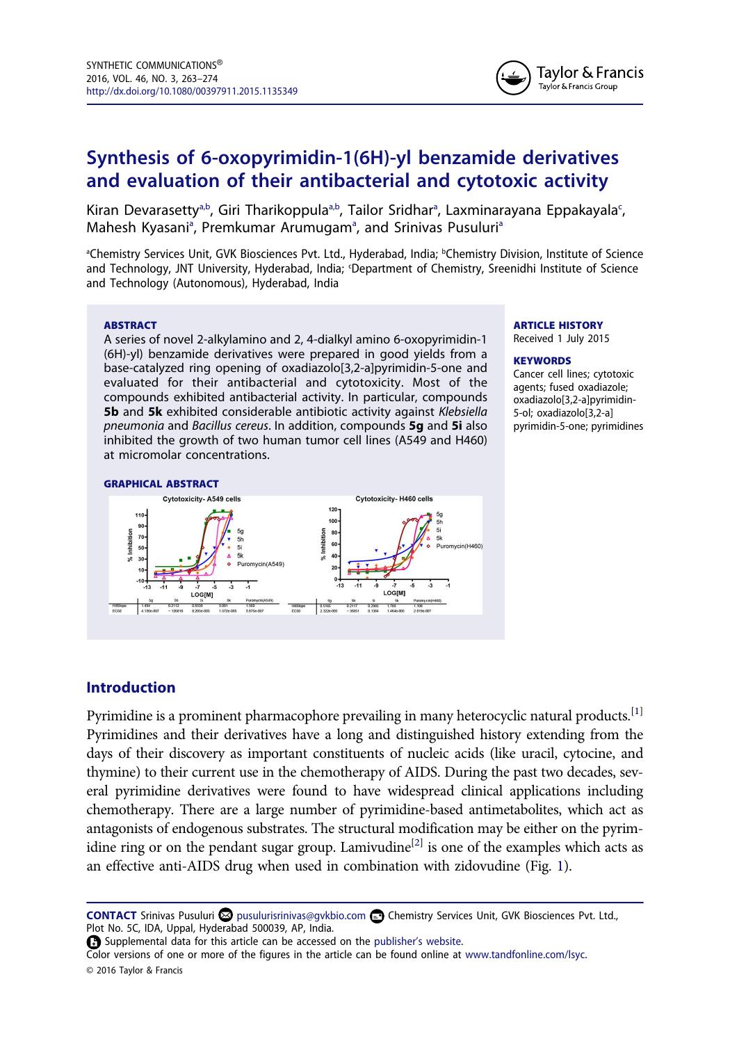 Synthesis of 6-oxopyrimidin-1(6H)-yl benzamide derivatives and evaluation of their antibacterial and cytotoxic activity by Kiran Devarasetty