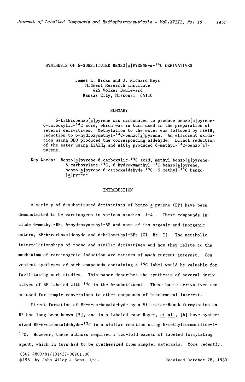 Synthesis of 6-substituted benzo[a]pyrene-[alpha]-14C derivatives by Unknown