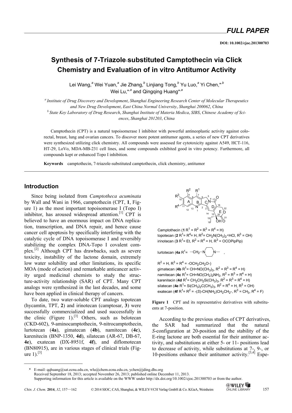 Synthesis of 7Triazolesubstituted Camptothecin via Click Chemistry and Evaluation of in vitro Antitumor Activity by Administrator