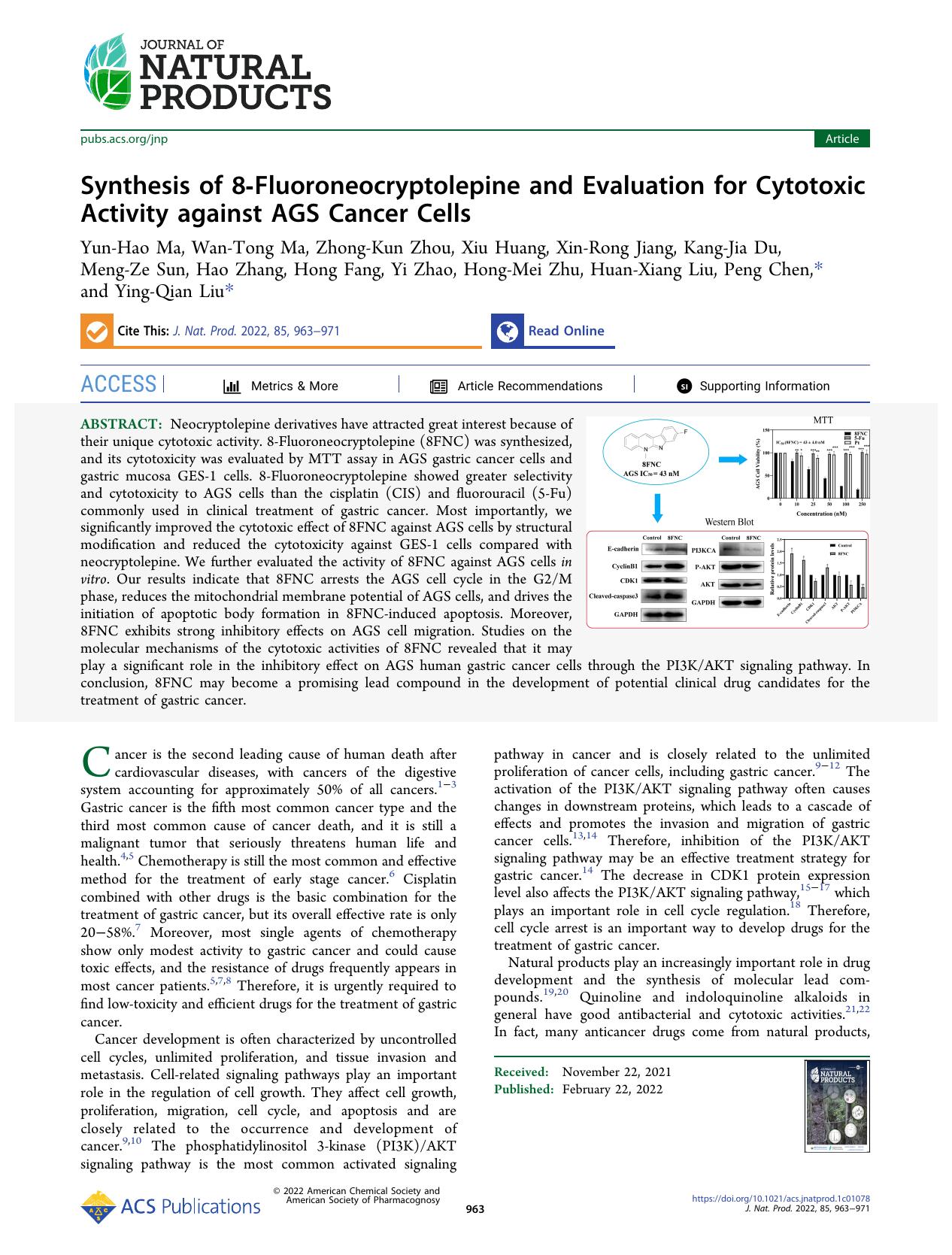 Synthesis of 8-Fluoroneocryptolepine and Evaluation for Cytotoxic Activity against AGS Cancer Cells by unknow