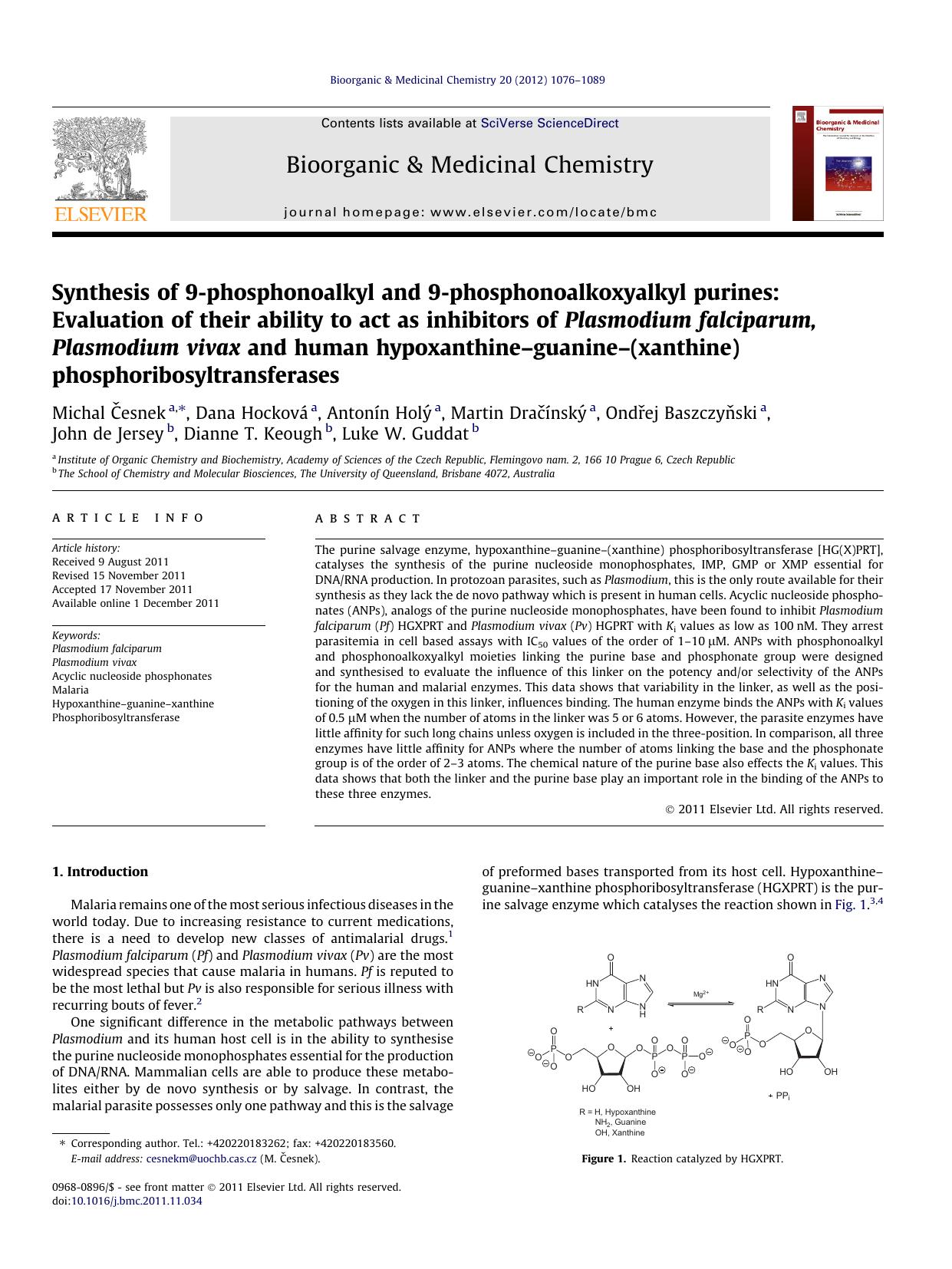 Synthesis of 9-phosphonoalkyl and 9-phosphonoalkoxyalkyl purines: Evaluation of their ability to act as inhibitors of Plasmodium falciparum, Plasmodium vivax and human hypoxanthine by unknow