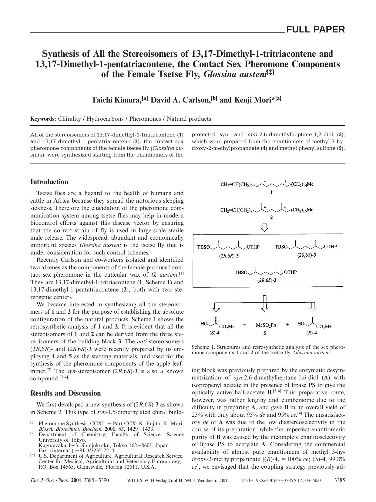 Synthesis of All the Stereoisomers of 13,17-Dimethyl-1-tritriacontene and 13,17-Dimethyl-1-pentatriacontene, the Contact Sex Pheromone Components of the Female Tsetse Fly, Glossina austeni by Unknown